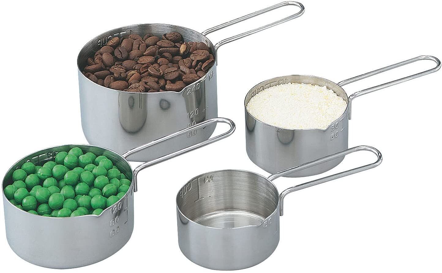 A set of graduated dry measuring cups and spoons